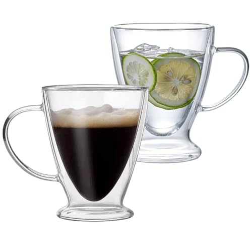 Irish Coffee Glass Mugs, Crystal Clear Mug with Handle, Double Walled Glass Cups for Hot & Cold Beverages, Drink Glasses Cups, Heat Resistant (Clear Short, 2pcs)