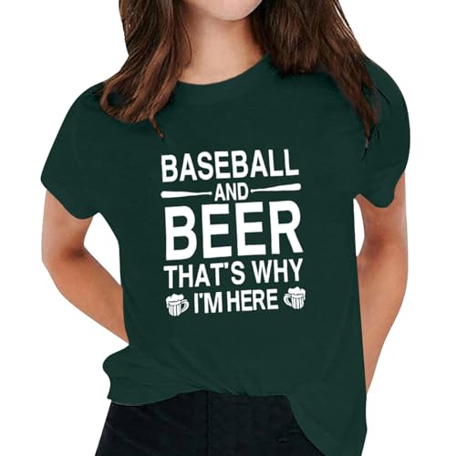 Camiseta informal de manga corta con cuello redondo y estampado de béisbol para mujer, verde, L