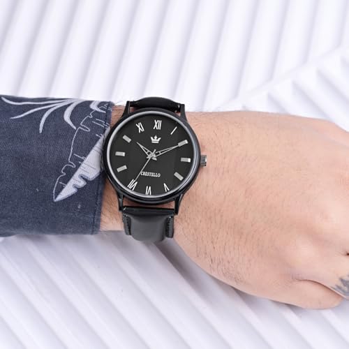 Image of CRESTELLO Faux Leather Strap Analog Wrist Watch for Men (Black /Blue /Green /Brown /Silver Dial) | CR-WT044