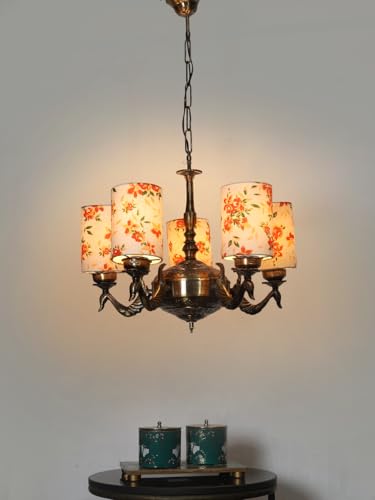 Image of Devansh 05-Light Round Printed Multicolor Cotton Shade Chandelier - Antique Golden Finish | Adjustable Cord | Warm Glow Lamp - Ceiling Light for Living Room, Dining Area, BedroomDecor - D10