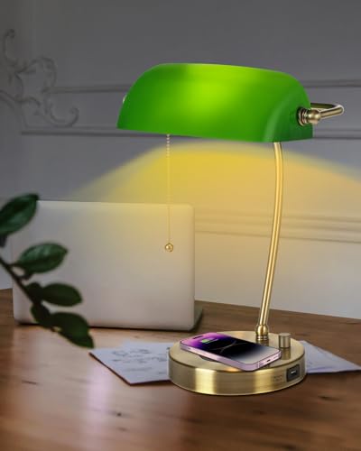 Newrays Lámpara de escritorio de cristal verde con cargador inalámbrico, puerto de carga USB para oficina en casa, lámpara de mesa regulable continua, bombilla LED incluida - imagen 3