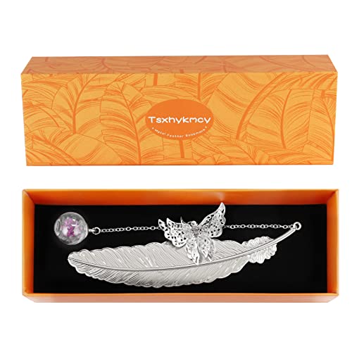 Tsxhykmcy Metal Butterfly Feather Bookmark, Book Markers for Women Bookmarks for Book Lovers, Book Lovers Gifts Birthday Christmas Teacher's & Mother's Day Retro Gifts (Silver)