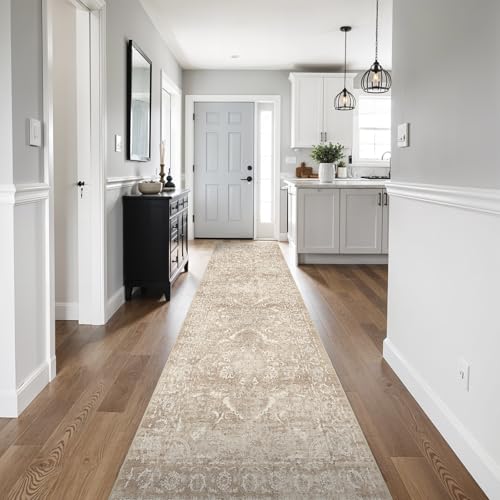 2'6"x14 Washable Long Runner Rug: Vintage Non Slip Hallway Rug NaturalBeige