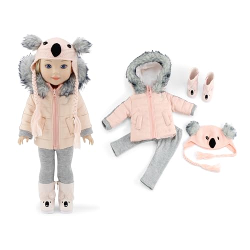 Emily Rose 14 Inch Fashioh Doll 4-PC Outdoor Coat Jacket Koala Outfit Gift Set, Includes Adorable Knit Hat & Unique Boots | USA Businness | Compatible with Wellie Wishers Dolls