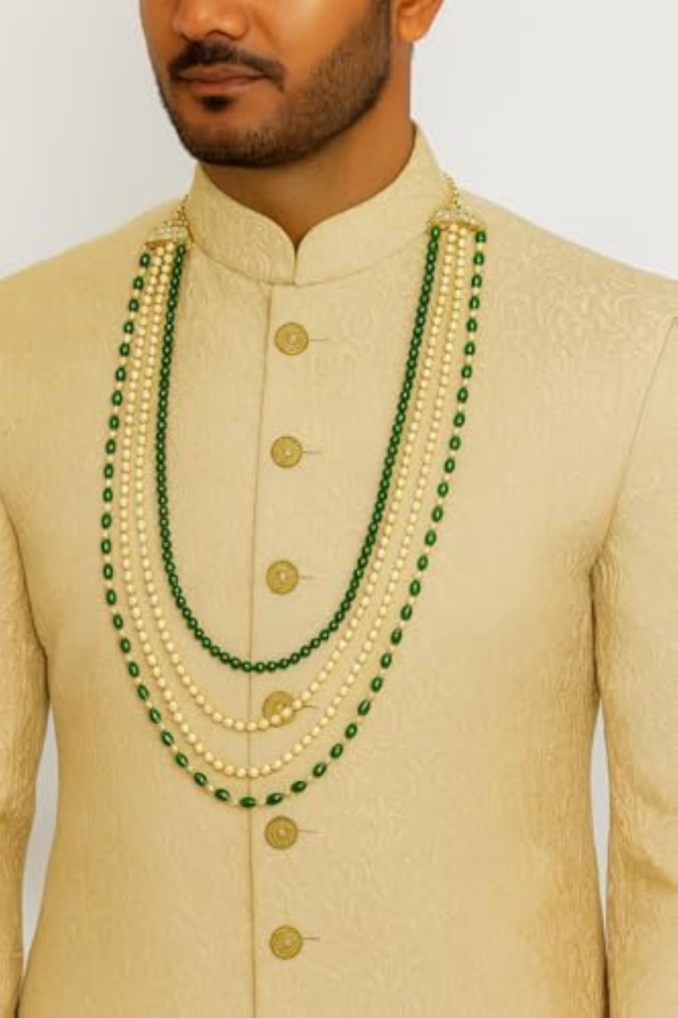 5 Layered Gold Plated Dulha Moti Mala Necklace for Men