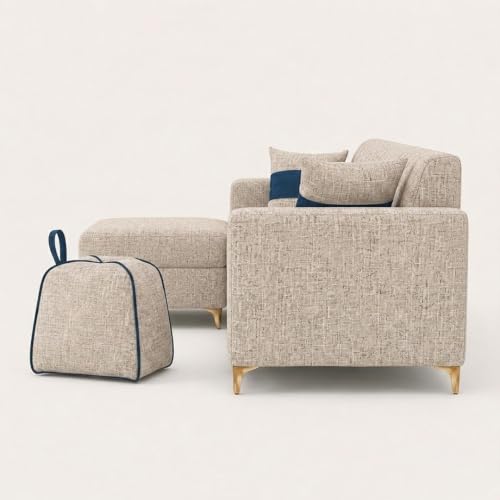 Image of FURNY Signature Regalia 4-Seater L-Shape Sofa Set with Movable Ottoman & Suri Pouf | Flexible LHS /RHS Layout | Boucle Weave Fabric | 40D Foam + Zigzag Spring | 3-Yr Warranty (Sandstone Beige)