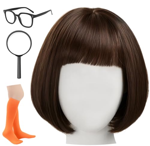 Swooflia Black Bob Wig for Women & Cosplay Accessories - Convenient Set Includes Adjustable Wig Cap Magnifying Glass Socks Cosplay Wig for Halloween Costume Party and Daily Use (W2-04)