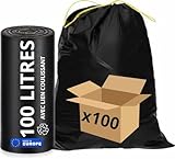 Dimensions du sac 820 X 900 mm | Contenance : 100 Litres | Lot de 100 Sacs Noirs Fermeture avec liens coulissants | Ce sac très résistant est fortement recommandé pour la gestion de vos déchets alimentaires