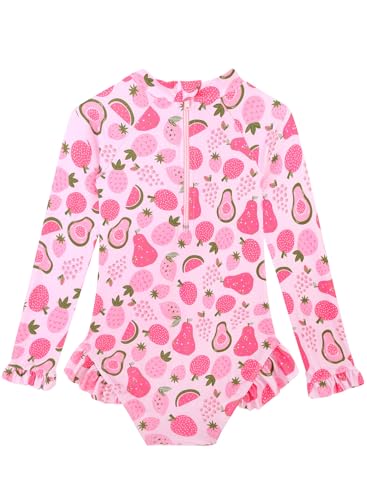 Image of Baby Toddler Girl Long Sleeve Ruffle Swimsuit One Piece Zipper Rash Guard Bathing Suit with UPF 50+ Sun Protection