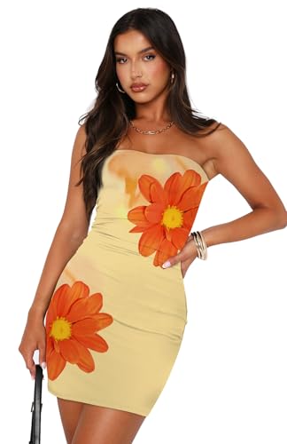 Image of OFEEFAN Summer Dresses for Women 2025 Strapless Ruched Party Club Bodycon Mini Dress