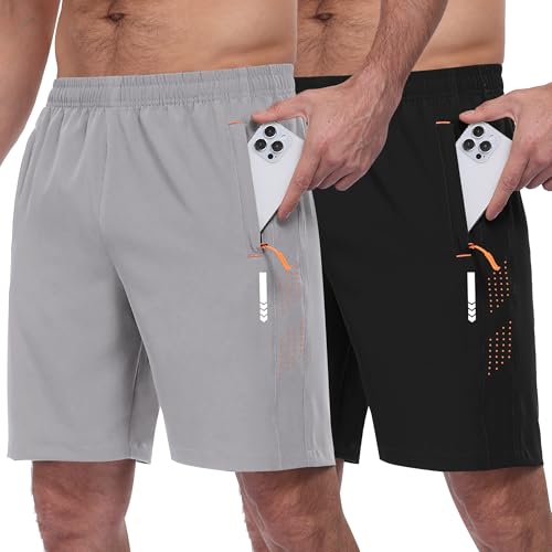 Zzkouine Sporthose Herren Kurz Leicht Trainingshosen Kurze Hosen Herren Sport Shorts Männer Sommer Jogginghose mit Reißverschlusstaschen 2er Pack Schwarz/Hellgrau XXL