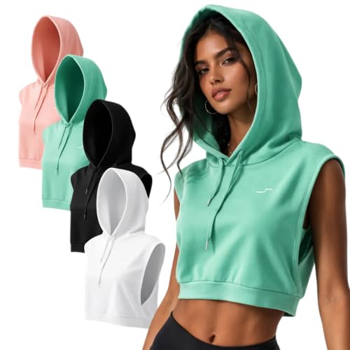 El Mejor Listado de Sudaderas de deporte para Mujer Top 10. 48 SPORTRETCH Pack 4 Sudaderas Crop Sin Mangas Con Gorro Mujer Fitness - Chalecos Deportivos Gym Entrenamiento Algodón Suave - Colores Surtidos