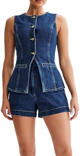 Womens Blazer Vest 2 Piece Set Casual Round Neck Sleeveless Button Down Vest Tops High Waist Short Pants Suit Vest Sets