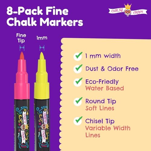 Image of CHALKY CROWN Fine Liquid Chalk Markers - Bold Chalkboard Markers - 8 Pk,1mm