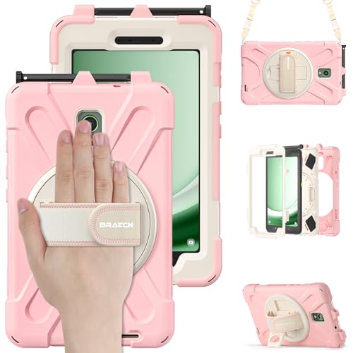 BRAECN for Samsung Galaxy Tab Active 3 Case SM-X300/T575, Heavy Duty Rugged Shockproof Drop Case with 360 Stand, Hand Strap & Shoulder Strap for Galaxy Tab Active 3 8.0 - Sakura Pink