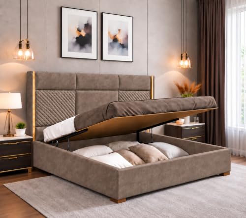 Image of Royal Modern Upholstered King Size Bed with Hydraulic Storage for Bedroom | Wooden Double Beds for Home & Hotels | Platform Cot Bed with Upholstery Fabric, 6.5 x 6 Ft | Sheesham, Brown