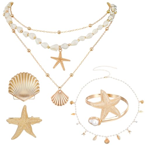 Tondiamo 7pcs Beach Jewelry Set for Women Gold Starfish Seashell Waist Body Chain Hair Clips Seashell Starfish Necklaces Stackable Gold Pearl Arm Cuff Bracelet Beach Vacation Mermaid Accessories