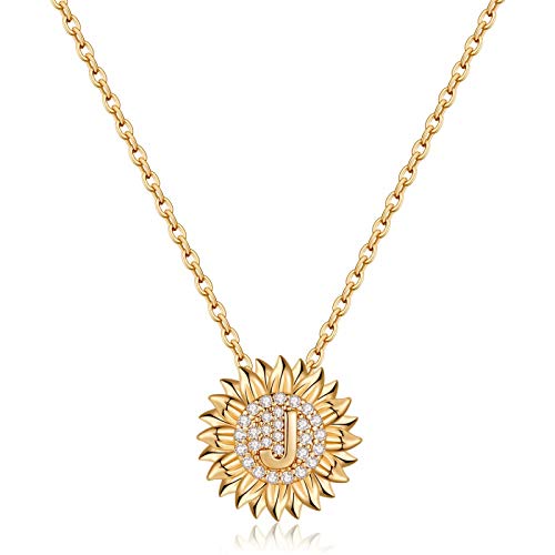 Dainty Sunflower Necklace Sunflower Gifts, CZ Initial J Sunflower Necklace for Women Letter Necklaces for Teen Girls Jewelry Sunflower Gifts for Women 14K Gold Initial Necklaces Sunflower Jewelry