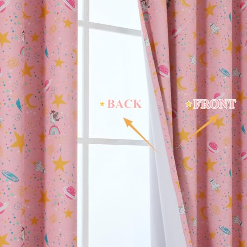 Image of Star & Moon Pattern Pink Blackout Curtains for Girls Bedroom 63 Inch Long | Estelar Textiler Cute Unicorn Theme Thermal Insulated Room Darkening Grommet Drapes for Kids Bedroom /Nursery,38Wx63L,2 Panels
