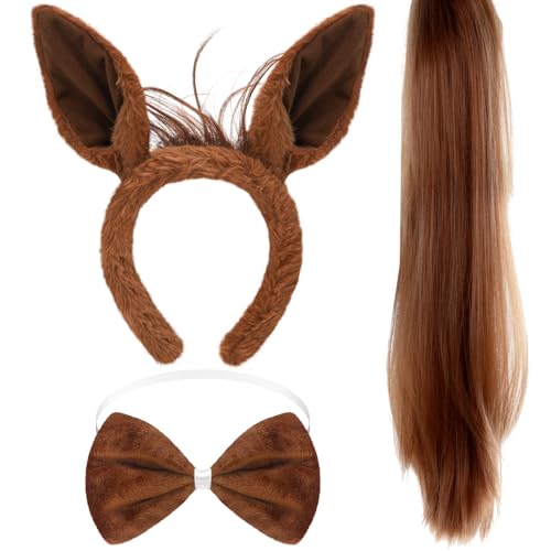 Suncalla 3 Pcs Horse Ears Headband and Tail Bow Tie Halloween Horse Costume Brown Accessory Set for Adult Halloween Animal Cosplay Party