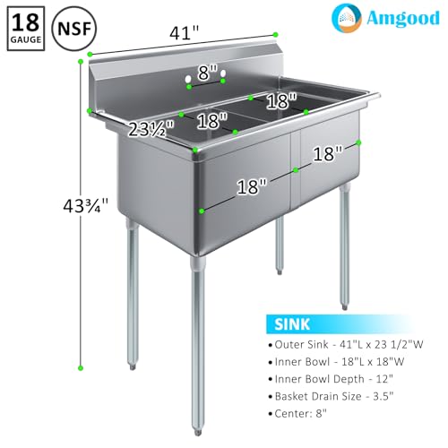 Image of AmGood Stainless Steel Prep & Utility Sink | 304 Stainless Steel | Restaurant, Kitchen, Laundry, Garage | NSF (23 in. x 41 in. | Two Bowls)