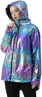 Vagbalena Women's shiny soft shell jacket waterproof sports jacket hoodie metallic color punk windbreaker hooded fitness discotheque clothing outerwear