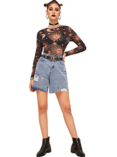 SweatyRocks Women's Long Sleeve Mock Neck Butterfly Print Sexy Sheer Mesh Crop Top # Black S