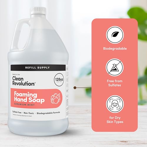 Image of Clean Revolution Foaming Hand Soap Refill with Real Essential Oils, Moisturizing Sulfate-Free Hand Soap, Ready-to-Use Foam Soap Refill for Kitchen & Bathroom (Geranium Mint) 128 Fl Oz