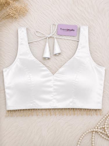 Image of TRENDMALLS Women's Gaji Silk Plain Sweet Heart Neck Sleeveless Beads Lace Work Blouse Choli Stylish Saree Blouse Ready to Wear
