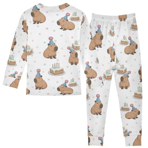 Pajama Sets Long Sleeve Capybara Birthday Cake Pattern Soft Comfy Sleepwear 2 Piece PJS 3-8T3