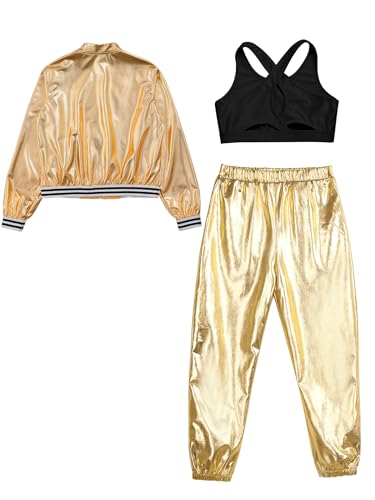 Kids Girls Metallic Hip Hop Jazz Dance Outfit Sparkly Bomber Jacket Crossback Vest and Pants Streetwear4