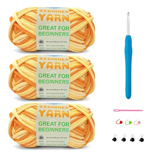 Image of 3 * 50g /1.76oz Yarn for Crocheting and Knitting, 3 * 60yds Beginner Yarn with Easy-to-See Stitches; Worsted-Weight Medium #4;Amigurumi-Friendly Crochet Kit(Sun Flower)