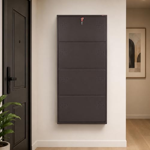 Image of 4 Door Wall Mounted Metal Shoe Rack Cabinet with Lock | Space Saving Shoe Storage Cabinet | Dustproof & Ventilated Shoe Organizer for Home, Entryway, Bedroom & Balcony | Brown | 52 x 21 x 6 Inch