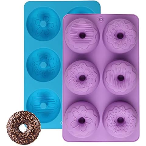 Silicone Donut Mould with 6 Cavities Non Stick Baking Tray Suitable for Cakes, Biscuits, Bagels, Muffins Pack of 2 (Blue and Purple) Cover