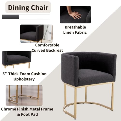 Image of HNY Mid Century Modern Upholstered Barrel Dining Chairs with Arms Set of 4, Linen Kitchen & Dining Room Chairs, 18.5 inch Wide Accent Chairs for Dining Room Living Room with Gold Metal Frame, Charcoal