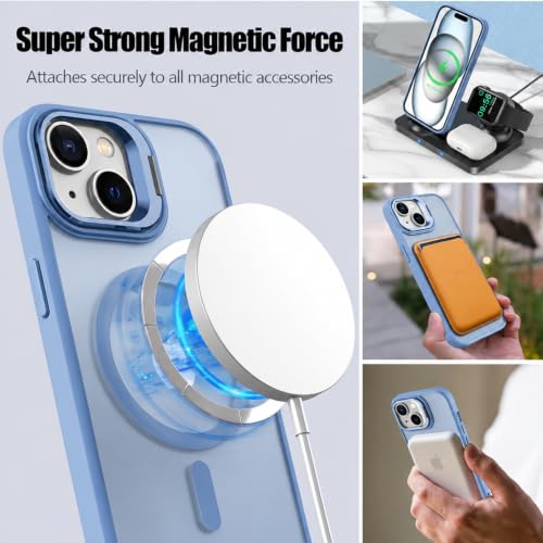 Image of Elzzi Kickstand Case for iPhone 15 Plus Case Compatible with MagSafe, Built-in Adjustable Camera Guard Stand, Translucent Matte Anti-Fingerprint Heavy Duty Shockproof Phone Cover - Official Blue