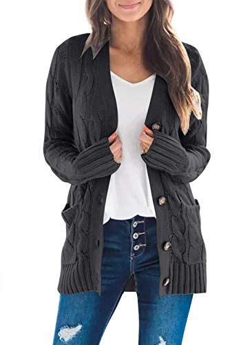 PRETTYGARDEN Womens Long Sleeve Open Front Knitted Cardigan Sweater Button Down Chunky Outwear Coat with Pockets Dark Grey