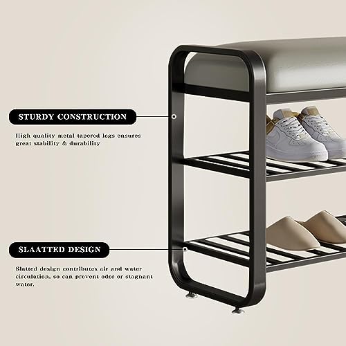 BUZUEY shoe bench,entryway bench with shoe storage,modern shoe rack bench with cushion upholstered padded seat 3 Tier metal shoe storage bench for entryway, hallway,front door (31.5*12.5*20.4, black) by BUZUEY - Used condition - Image 7