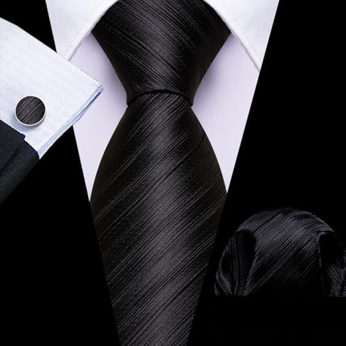 Image of Barry.Wang Tie Sets for Men Silk Stripe Necktie Woven Checkered Handkerchief Cufflinks Formal Business Wedding
