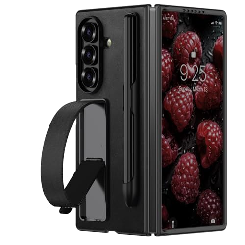 Étui Samsung Galaxy Z Fold 6 noir anti-chute avec prise en main bracelet cuir