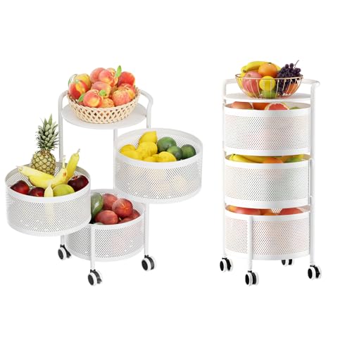 Image of JAQ No Assembly White Rotating Kitchen Storage Organizer, 3-Tier Metal Basket Rack with Wheels, Space Saving Fruit & Vegetable Storage Cart for Small Kitchen, Pantry, White