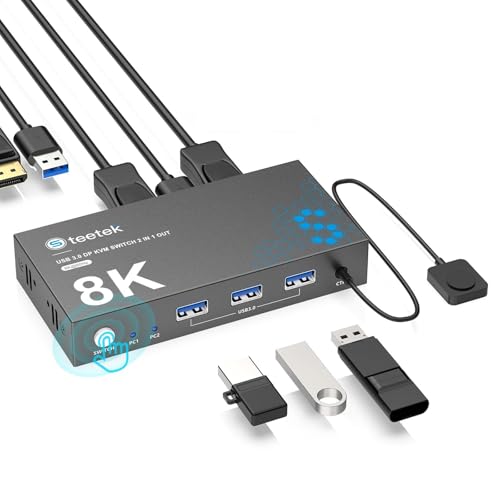 8K @ 60Hz DisplayPort KVM Switch 2x1, 2 ordenadores, 1 monitor, conmutador KVM compartir, 1 teclado ratón, USB 3.0 Switch con mando a distancia, EDID, HDCP, para PC, Mac
