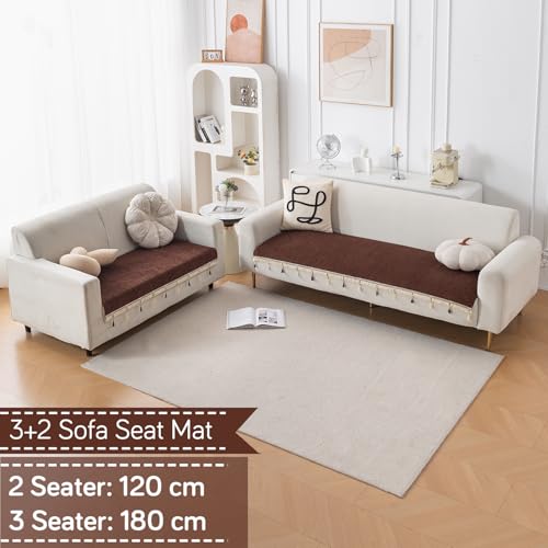 Image of HOKIPO 'Serenity Tassel' Chenille Sofa Cover 3 Seater and 2 Seater with Tassels | Chestnut Luke (IN-891 + IN-892 - BR)