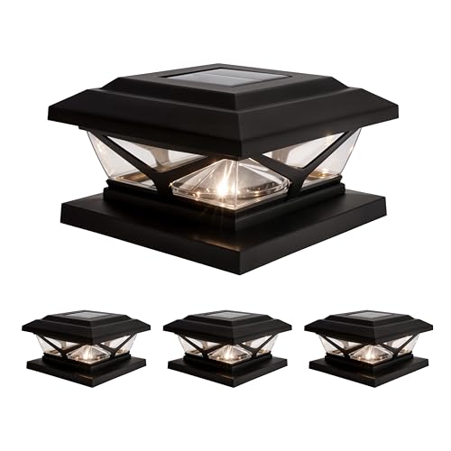 Home Zone Security 4-Pack Crown Style Solar Powered Post Cap Light with LiFePO4 Battery, Dusk to Dawn, 3000K 5000K LED Adjustable Temperature, Black