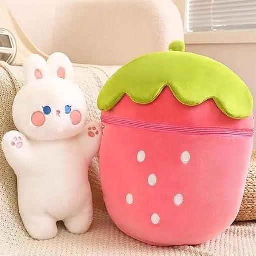 Image of Hidden Rabbit Strawbery Ziper Bunny Fruit Soft Toys Stuffed Animal Plush Sweet Surprise for Your Special Day Rabbit Plush Toy, for Hugs and Smiles- 35 cm (Pink)