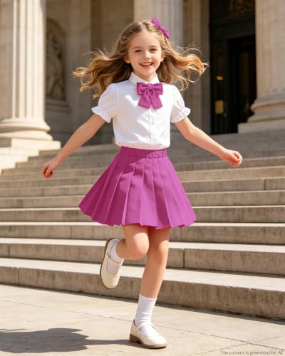 Image of Betusline Girls Skirt Set JK School Uniform 2-Piece Outfit - Short Sleeve Shirt with Bow & Pleated Skirt 4T-14Y