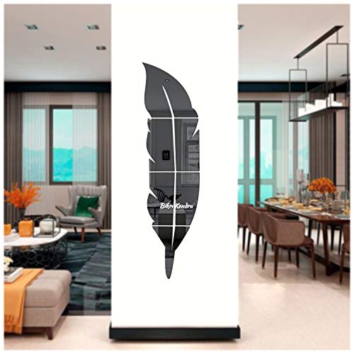 Image of Bikri Kendra - Plume Feather Black Mirror Stickers for Wall, 3D Acrylic Stickers for Living Room, Bedroom, Kitchen - Glass, Round