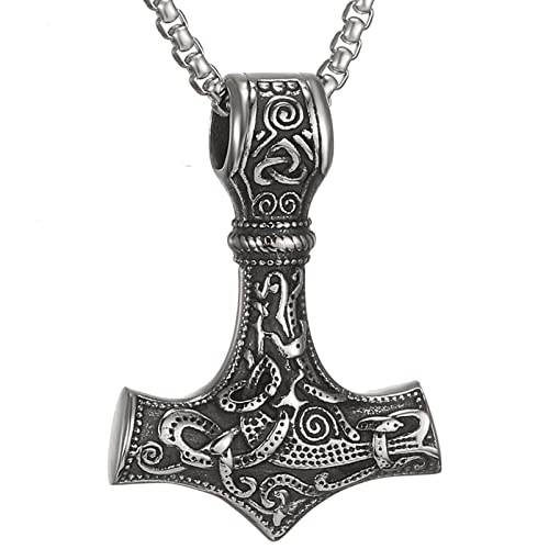 AFSTALR Wikinger Schmuck Herren Halskette Thors Hammer Halskette - Nordische Mythologie Mjolnir Wikinger Runen Hammer Edelstahl kette Viking Geschenke für Männer 60cm Silber