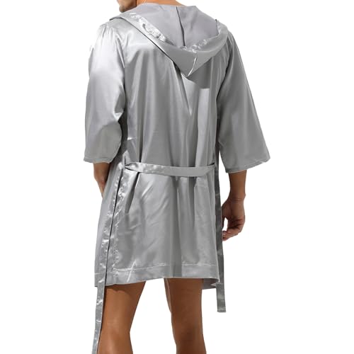 ACSUSS Men Sexy Shiny Satin Pajamas Hombre Hooded Bathrobe Belted Bath Robe Sleepwear Without Shorts4