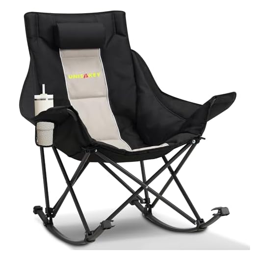 Unisakey Oversized Rocking Camping Chair with Headrest & Cup Holder - 400lbs Capacity, 600D Oxford Fabric, Easy Fold Portable Outdoor Rocker Chair for Camping, Backyard, Beach, Light Gray
